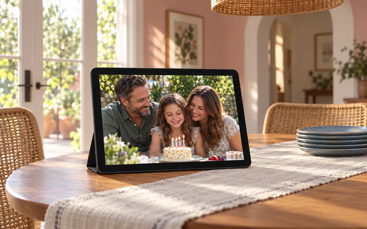 A tablet showing a family birthday on a dining table with rattan chairs and a linen runner