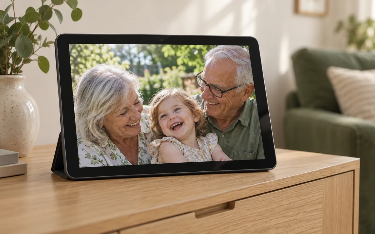 A tablet on a wooden sideboard displaying a joyful photo of grandparents with their grandchild