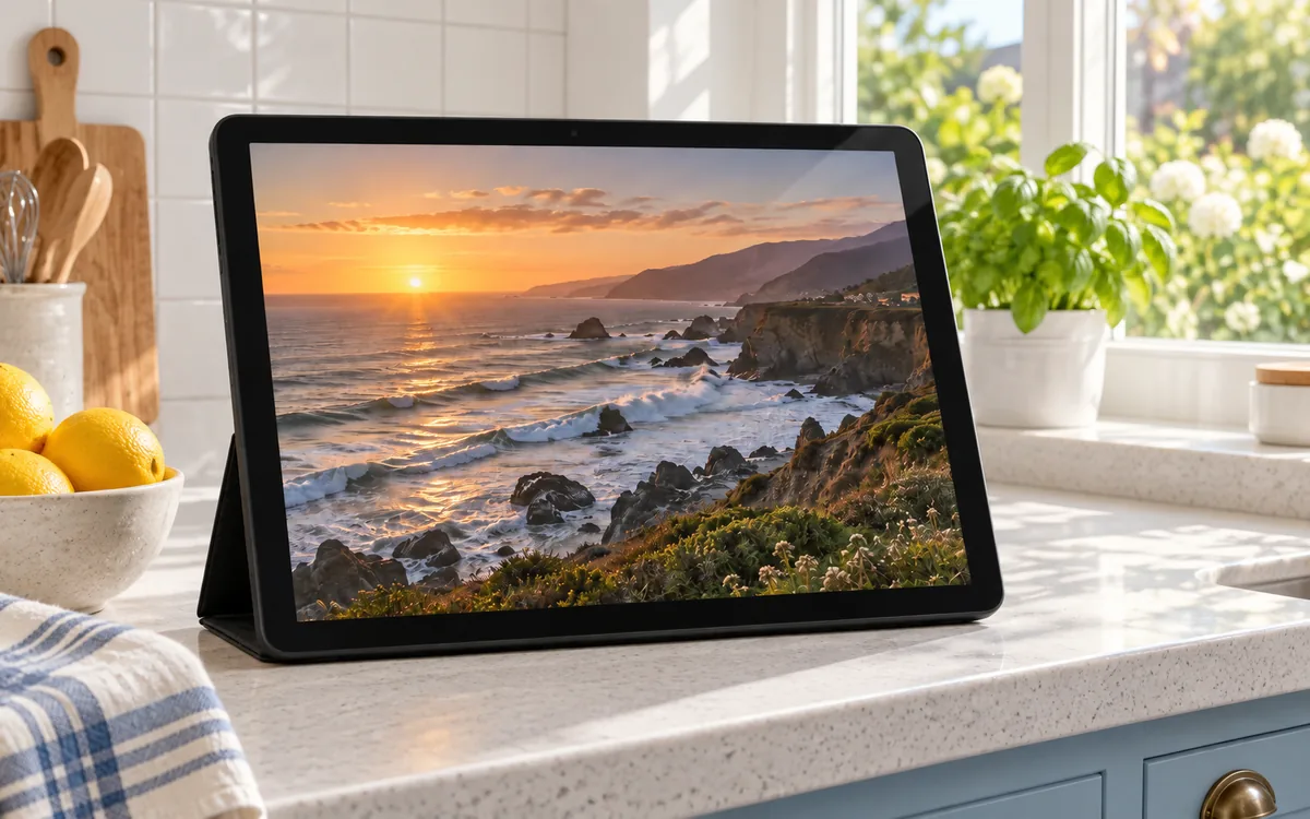 A tablet showing a coastal sunset on a bright kitchen counter beside a garden window