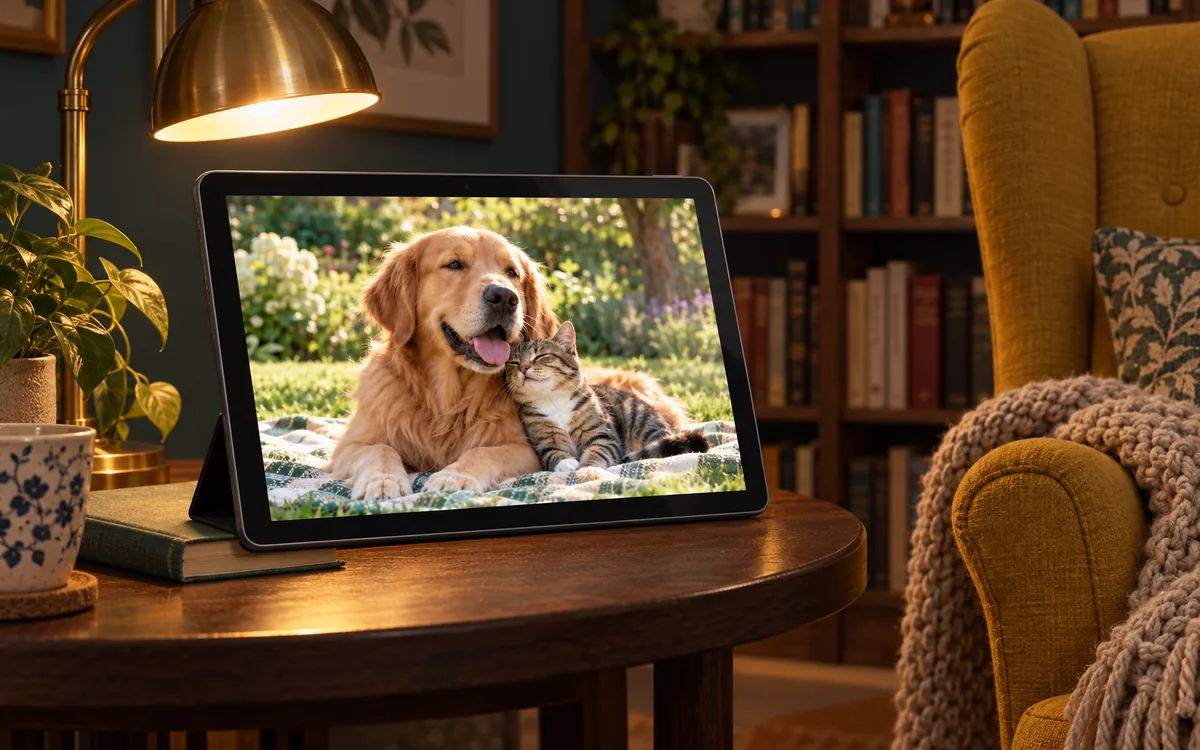 A tablet showing a dog and cat together beside a mustard armchair in a softly lit reading nook