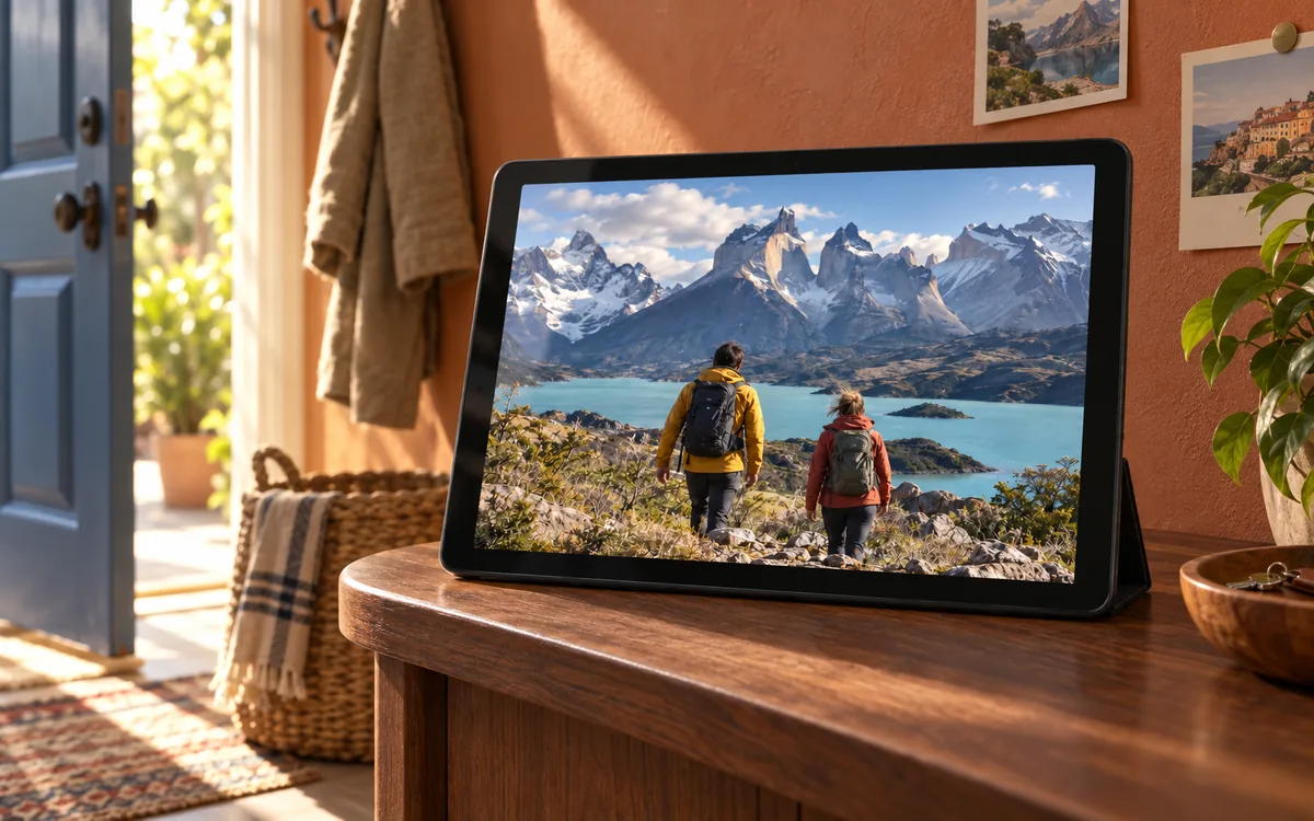 A tablet showing a Patagonian hiking memory on a walnut console in a terracotta entryway